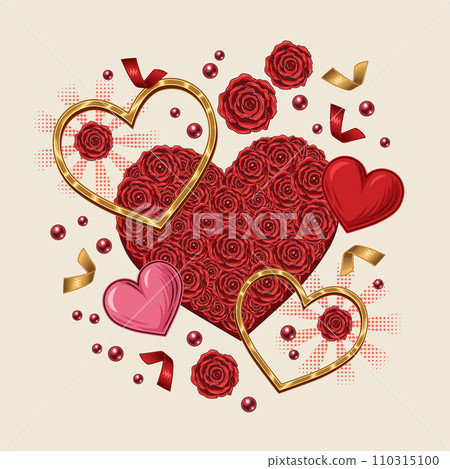 Happy Valentines Day composition with hearts, confetti, scattered beads, red lush blooming roses. Holiday design element for greeting card, wedding, engagement event decoration 110315100