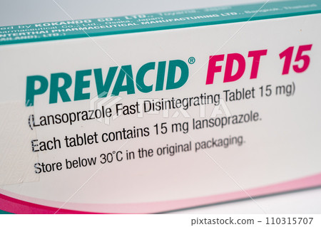 Bangkok, Thailand, October 1, 2022 Prevacid, Lansoprazole, medication which reduces stomach acid, treat peptic ulcer disease. Bangkok, Thailand, October 1, 2022 Prevacid, Lansoprazole, medication which reduces stomach acid, treat peptic ulcer disease. 110315707