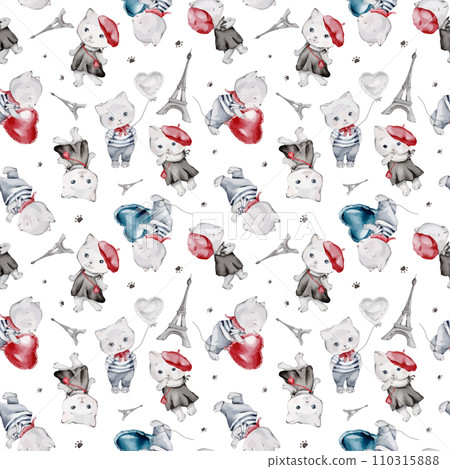 French style animals seamless pattern. Cute cartoon Parisian cat and scottish vector illustration. balloons hearts and Eiffel tower. French style dressed cats with red beret and striped frock. French style animals seamless pattern. Cute cartoon Parisian cat and scottish vector illustration. balloons hearts and Eiffel tower. French style dressed cats with red beret and striped frock. 110315888