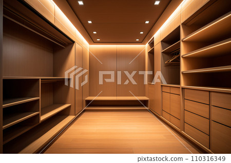Walk in closet interior design, empty warm wooden walk in wardrobe in modern luxury and minimal style. generative ai Walk in closet interior design, empty warm wooden walk in wardrobe in modern luxury and minimal style. generative ai 110316349