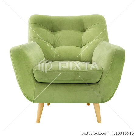 Comfortable olive green armchair with wooden legs isolated on white background. 110316510