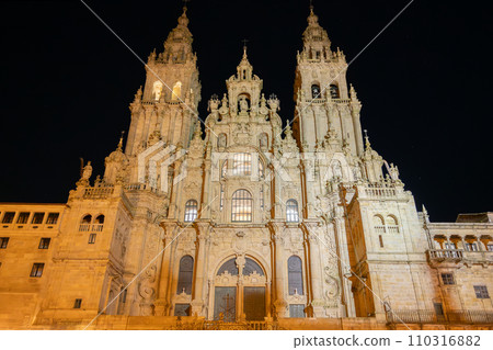 Santiago de Compostela Cathedral at night. Cathedral of Saint James pilgrimage. Obradoiro square Santiago de Compostela Cathedral at night. Cathedral of Saint James pilgrimage. Obradoiro square 110316882