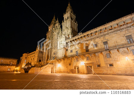 Santiago de Compostela Cathedral at night. Cathedral of Saint James pilgrimage. Obradoiro square Santiago de Compostela Cathedral at night. Cathedral of Saint James pilgrimage. Obradoiro square 110316883