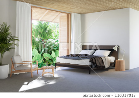 Modern contemporary loft style bedroom with tropical garden view 3d render 110317012