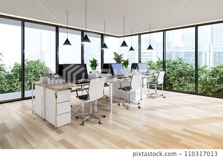 Modern contemporary office interior with city view 3d render 110317013