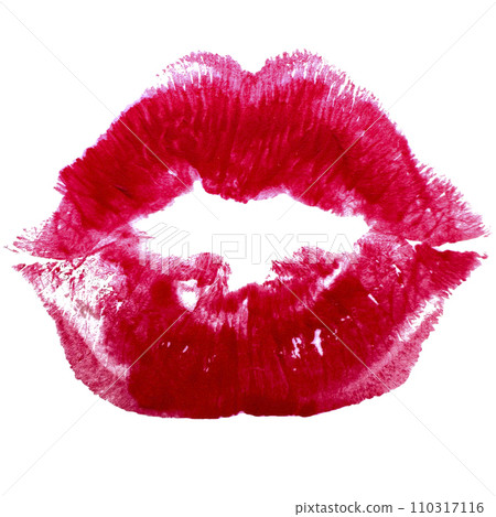 Beautiful realistic red lips kiss isolated on white background. Different shapes of female sexy red lips. Sexy lips makeup, kiss mouth. Female mouth. Print of lips kiss illustration background. 110317116