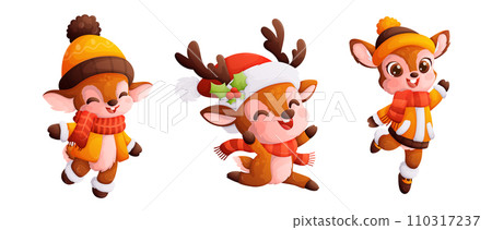 Set of three cute Christmas reindeer. Little happy deer in winter clothes, a warm hat and scarf. Dynamic poses, colorful detailed Cartoon style vector. Set of three cute Christmas reindeer. Little happy deer in winter clothes, a warm hat and scarf. Dynamic poses, colorful detailed Cartoon style vector. 110317237