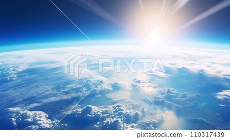 AI-generated content. A photorealistic view of the Earth from space with sunlight. Scientific astronomy. Generative AI 110317439