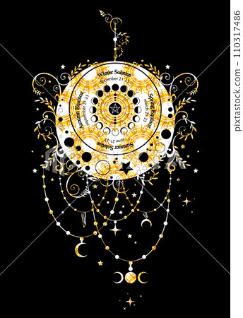 solstice and equinox circle, wheel of moon phases with dates and names. Gold luxury floral crescent moon in boho style. Lucky pagan oracle of the Wiccan witches, vector isolated on black background solstice and equinox circle, wheel of moon phases with dates and names. Gold luxury floral crescent moon in boho style. Lucky pagan oracle of the Wiccan witches, vector isolated on black background 110317486