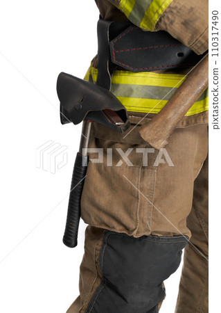 Crop view of male firefighter carrying fire tools in black holder. Close up of durable fire axe protective cover, leather sheath for hammer, isolated on white studio background. Fire tools concept. Crop view of male firefighter carrying fire tools in black holder. Close up of durable fire axe protective cover, leather sheath for hammer, isolated on white studio background. Fire tools concept. 110317490