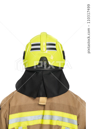 Unrecognizable firefighter in yellow protective helmet and uniform in studio. Back view of anonymous male fireman in full gear, with copy space, isolated on white background. Fire equipment concept. Unrecognizable firefighter in yellow protective helmet and uniform in studio. Back view of anonymous male fireman in full gear, with copy space, isolated on white background. Fire equipment concept. 110317499