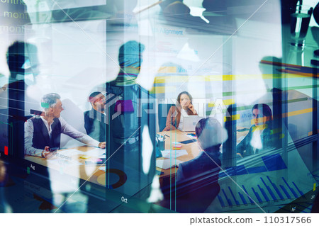 Team of people work together on company statistics in office as teamwork and partnership concept Team of people work together on company statistics in office as teamwork and partnership concept 110317566
