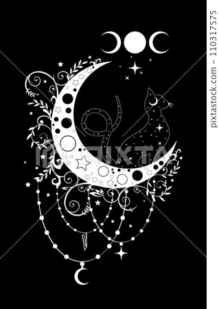 Mystical black cat over celestial crescent moon and triple goddess, witchcraft symbol, witchy esoteric logo tattoo. Vector esoteric wiccan clipart in boho style isolated on black background 110317575