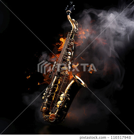 Saxophone in the air on a black background and smoke, classic jazz instrument, background for musical works, albums 110317948