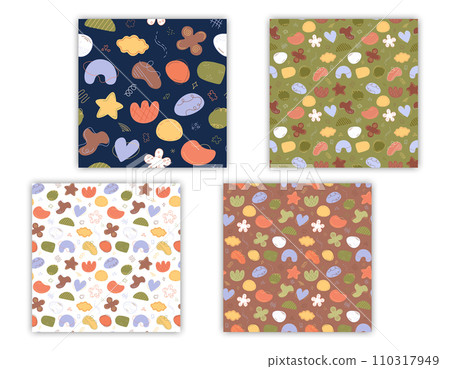 Abstract shapes patterns set. Vector seamless backgrounds with hand drawn elements. Trendy abstraction minimalist objects, decorative blobs, stains 110317949