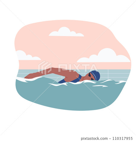 Swimming man in pool, swimming competition. Colorful vector illustration isolated on white background. Cartoon design for t shirt print, poster, icon, card, logo, label, banner or sticker. 110317955