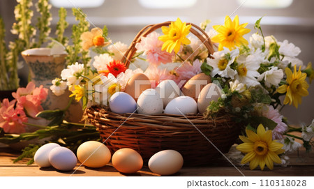 Rustic Easter wicker basket with eggs and vibrant spring flowers, daisies, chrysanthemums, pink hyacinths, with scattered blooms and petals around basket on wooden surface with soft, natural light 110318028