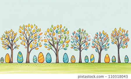 Colorful illustration of row of whimsical trees and stylized Easter eggs in spring hues, with soft blue green sky background. Changing seasons, springtime celebrations and Easter decorations. Colorful illustration of row of whimsical trees and stylized Easter eggs in spring hues, with soft blue green sky background. Changing seasons, springtime celebrations and Easter decorations. 110318043
