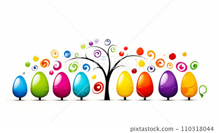 Abstract spring illustraition, stylized colorful Easter eggs and tree with branches and leaves as abstract swirls in bright colors on white background. Easter season, festive spring celebration Abstract spring illustraition, stylized colorful Easter eggs and tree with branches and leaves as abstract swirls in bright colors on white background. Easter season, festive spring celebration 110318044