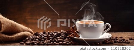 AI-generated content. Cup of hot coffee with coffee beans on brown background.Long photo banner for website header design with copy space. Cafe menu concept idea background. 110318202