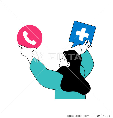 Medical concept with cartoon people in flat design for web. Woman is sick and calls hospital, gets consultation and waits for doctor. Vector illustration for social media banner, marketing material. 110318204