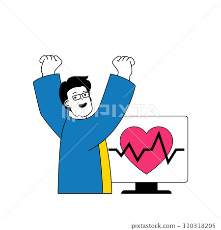 Medical concept with cartoon people in flat design for web. Man visits cardiologist, does heart tests and studies his heartbeat. Vector illustration for social media banner, marketing material. Medical concept with cartoon people in flat design for web. Man visits cardiologist, does heart tests and studies his heartbeat. Vector illustration for social media banner, marketing material. 110318205