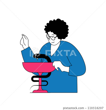 Medical concept with cartoon people in flat design for web. Woman works as doctor in clinic or hospital with goblet and snake sign. Vector illustration for social media banner, marketing material. Medical concept with cartoon people in flat design for web. Woman works as doctor in clinic or hospital with goblet and snake sign. Vector illustration for social media banner, marketing material. 110318207