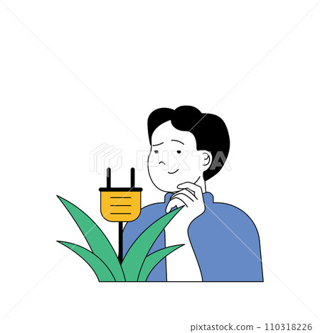 Ecology concept with cartoon people in flat design for web. Man effectively uses energy resources and getting eco clean electric. Vector illustration for social media banner, marketing material. Ecology concept with cartoon people in flat design for web. Man effectively uses energy resources and getting eco clean electric. Vector illustration for social media banner, marketing material. 110318226