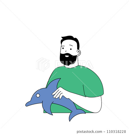 Ecology concept with cartoon people in flat design for web. Man takes care about animals, trying to save dolphins from climate change. Vector illustration for social media banner, marketing material. Ecology concept with cartoon people in flat design for web. Man takes care about animals, trying to save dolphins from climate change. Vector illustration for social media banner, marketing material. 110318228