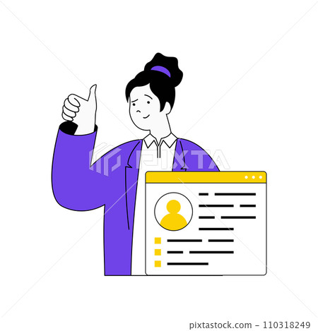 Contact us concept with cartoon people in flat design for web. Woman researching profile information, answering and finds solution. Vector illustration for social media banner, marketing material. 110318249