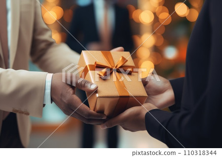 AI-generated content. Close up view of hands Giving a business gift in an office AI Generative 110318344