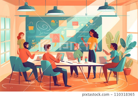 AI-generated content. Group business team video conference meeting online concept. flat illustration cartoon character design concept, Generative AI 110318365