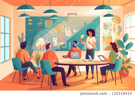 AI-generated content. Group business team video conference meeting online concept. flat illustration cartoon character design concept, Generative AI 110318414