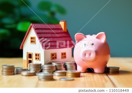 AI-generated content. Model house piggy bank and coin Generative AI 110318449