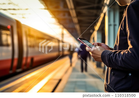 AI-generated content. Focus Hand of human using mobile phone at railway station, AI Generative 110318500