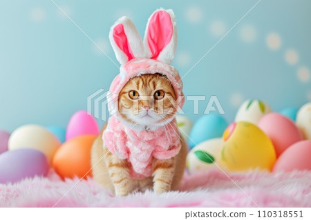 AI-generated content. Funny at with rabbit ears, Banner for your advertisement, Easter bunny, Easter, happy Easter. 110318551
