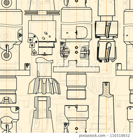 Mechanical engineering drawings on sepia background. Tap tools, borer. Technical Design. Cover. Blueprint. Seamless pattern. Vector illustration. 110318652