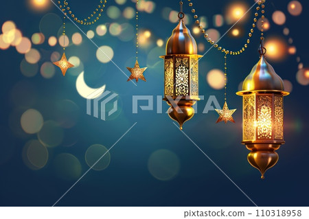 AI-generated content. Ramadan Kareem background with a combination of shining hanging gold lanterns. Generative AI 110318958