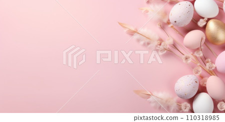 Easter pattern of pastel colorful eggs and spring tulips. Religion tradition. Generative AI Easter pattern of pastel colorful eggs and spring tulips. Religion tradition. Generative AI 110318985