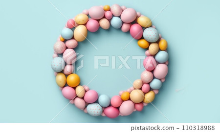 Easter wreath of pastel pink and blue eggs on blue. Generative AI 110318988