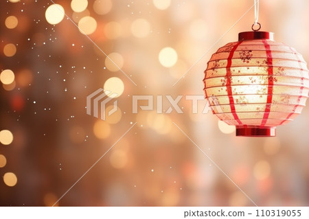 AI-generated content. Chinese New Year photo realistic Lantern on glitter gold paper Background. Generative AI 110319055