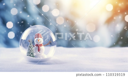 AI-generated content. Glass ball on snow with snowman inside for Christmas. Generative AI AI-generated content. Glass ball on snow with snowman inside for Christmas. Generative AI 110319319