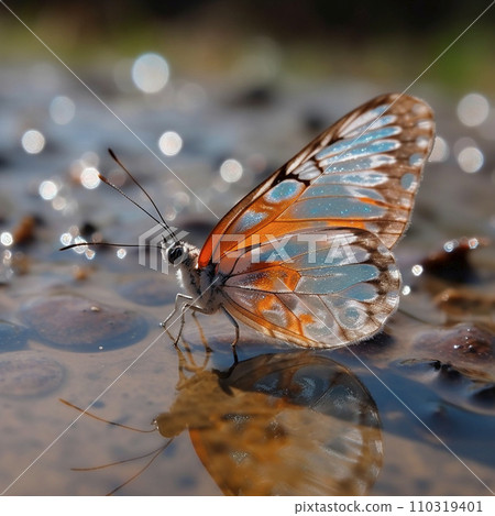 A glass transparent butterfly sits on the surface of the water, an unusual insect, close-up 110319401