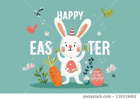AI-generated content. Flat illustration style, rabbit with carrot and Easter eggs, text HAPPY EASTER. Generative AI AI-generated content. Flat illustration style, rabbit with carrot and Easter eggs, text HAPPY EASTER. Generative AI 110319402