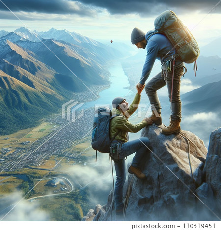 Two male hikers helping each other climb up a mountain 110319451