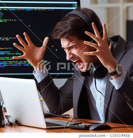 Emotional programmer expressively works at a laptop Emotional programmer expressively works at a laptop 110319488