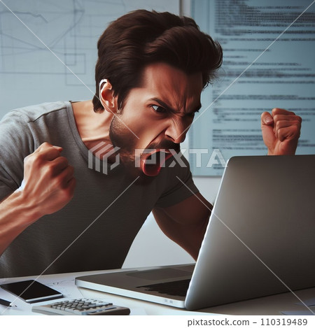 Emotional programmer expressively works at a laptop Emotional programmer expressively works at a laptop 110319489