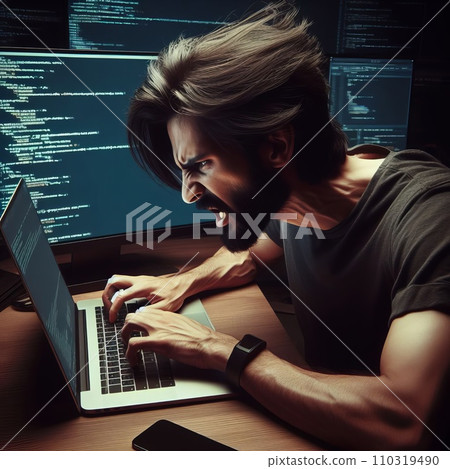 Emotional programmer expressively works at a laptop Emotional programmer expressively works at a laptop 110319490
