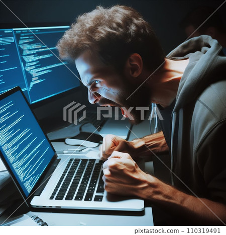 Emotional programmer expressively works at a laptop Emotional programmer expressively works at a laptop 110319491