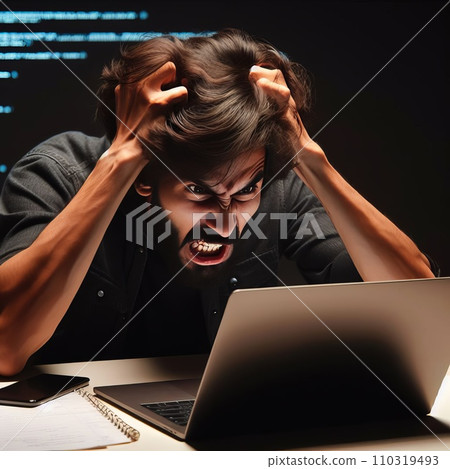 Emotional programmer expressively works at a laptop Emotional programmer expressively works at a laptop 110319493